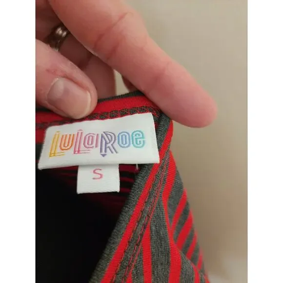 LuLaRoe Maurine Dress Women's Small Red Gtay Striped Bell‎ Sleeve - Picture 5 of 7